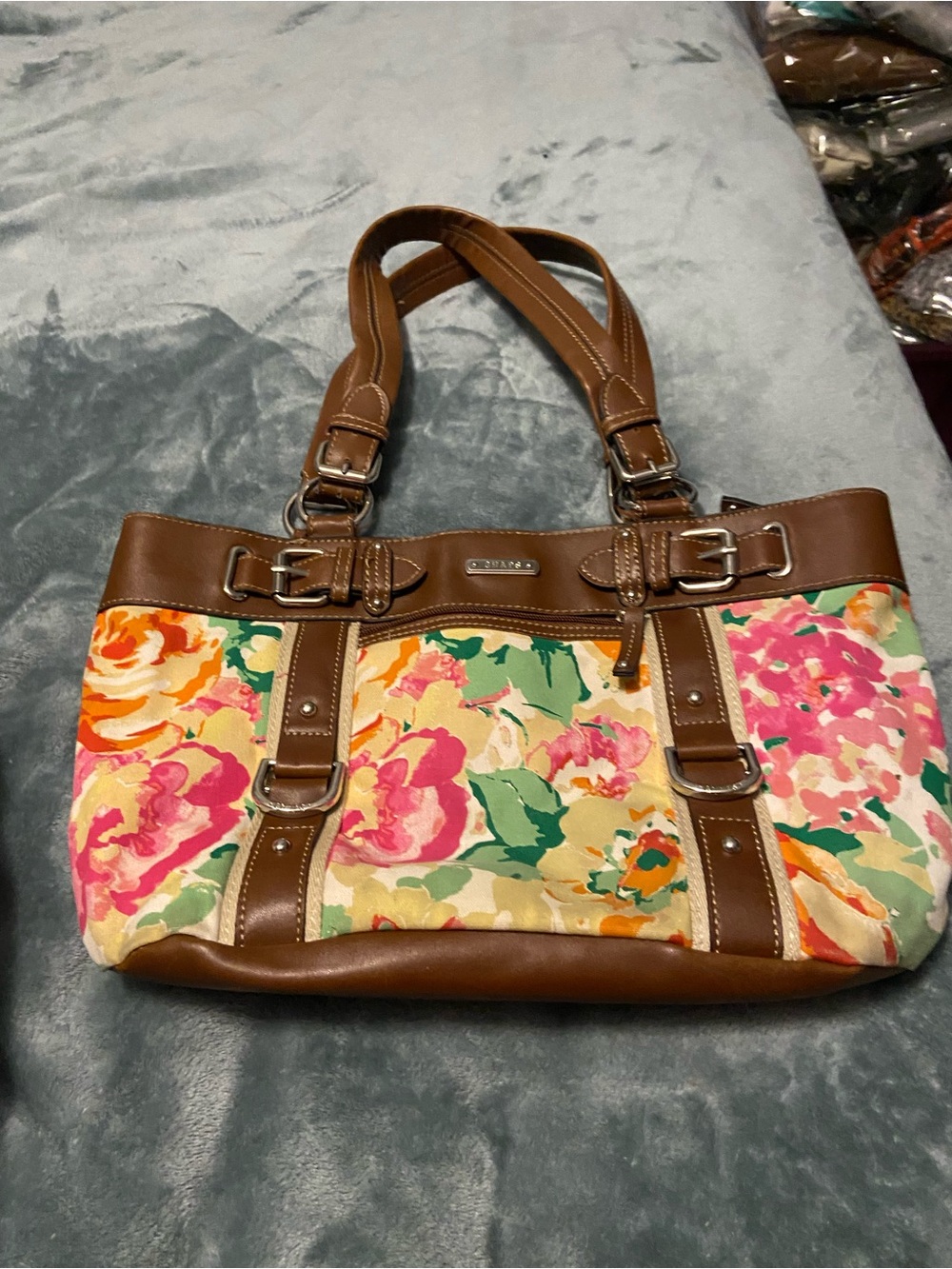 Chaps Floral Shoulder Bag in Brown, Pink & Green